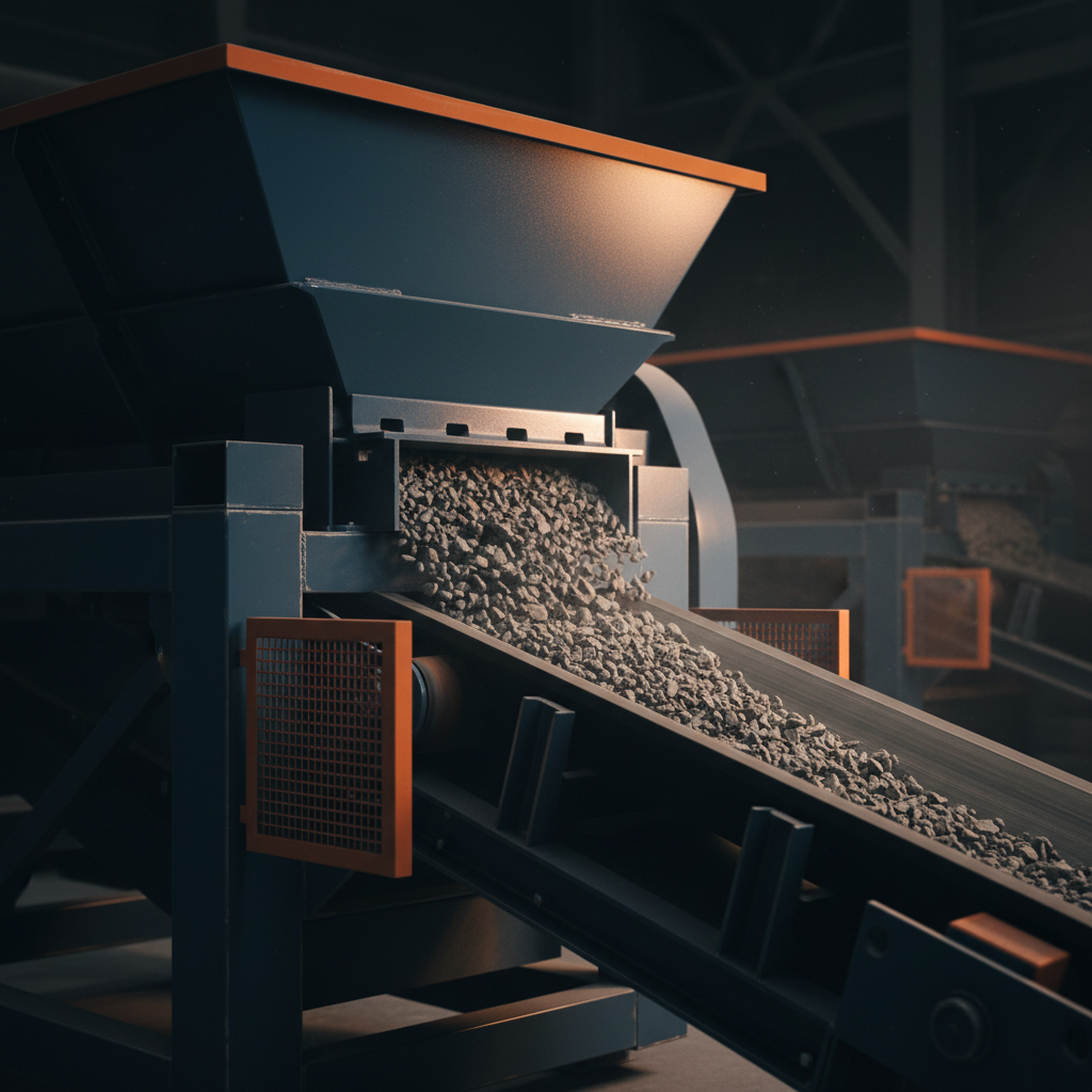Belt feeder metering material from the outlet of a steel surge bin onto a conveyor