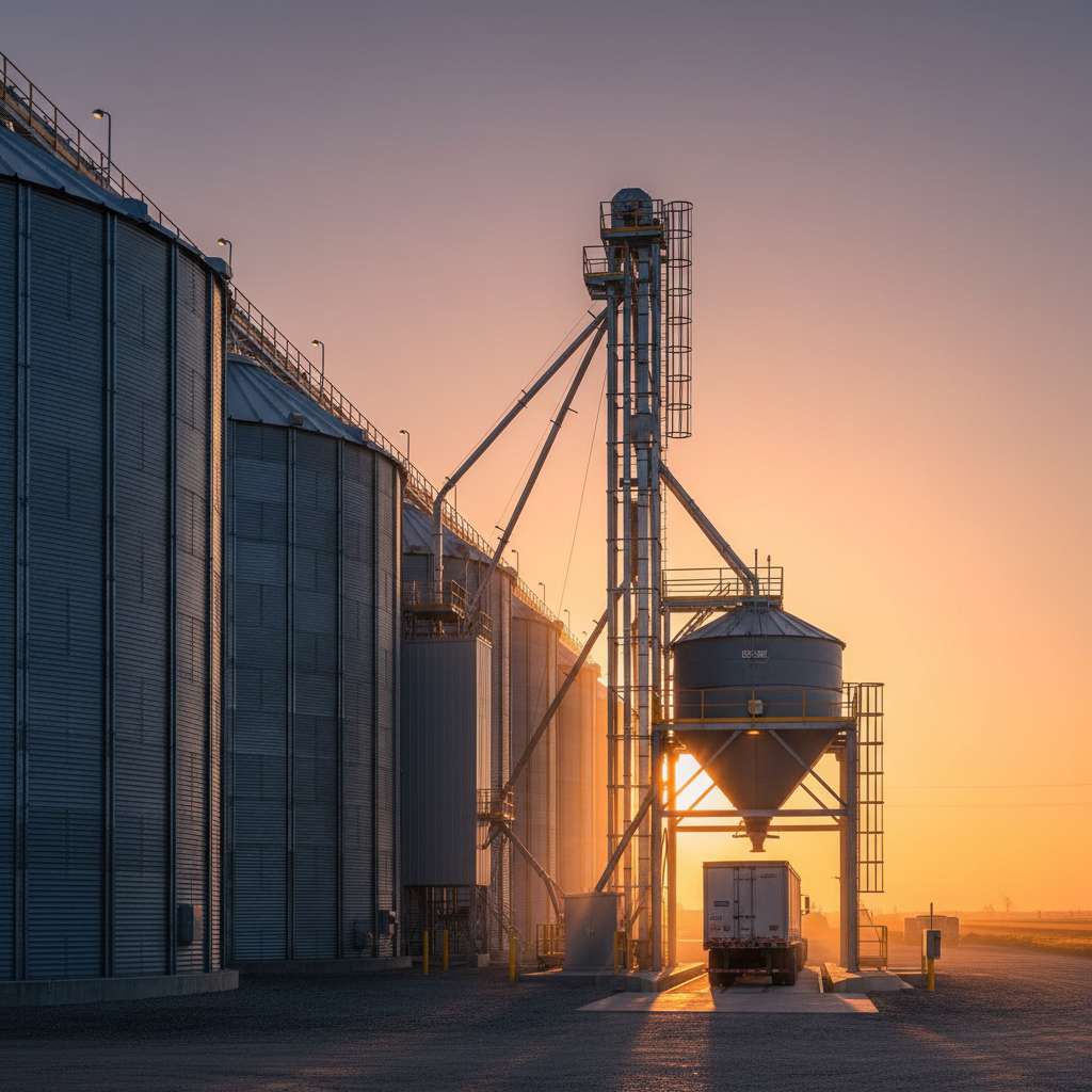 Grain facility with steel bins, bucket elevators and conveyor gantries