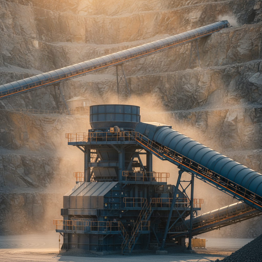 Quarry operation with crushers, surge bins and radial conveyors