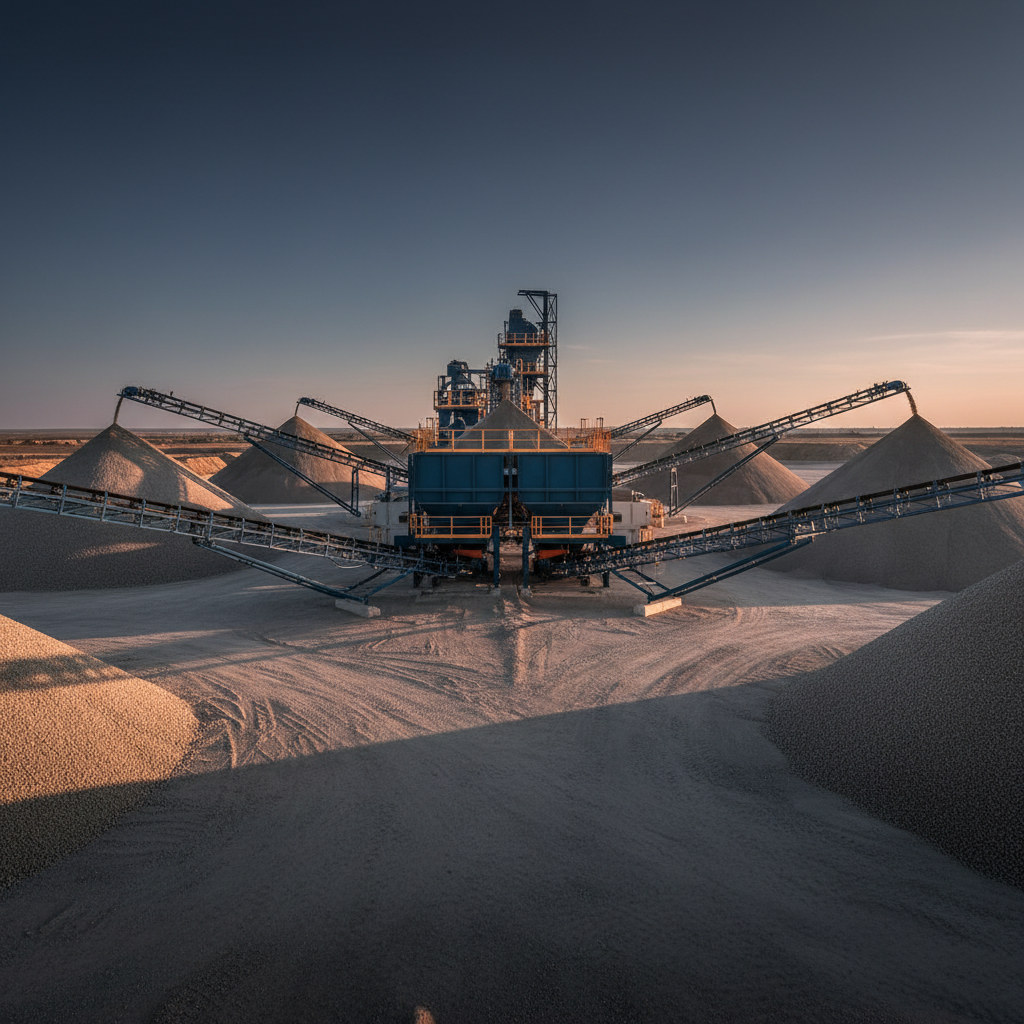 Aggregate plant with surge bins, conveyors and structural steel against the sky