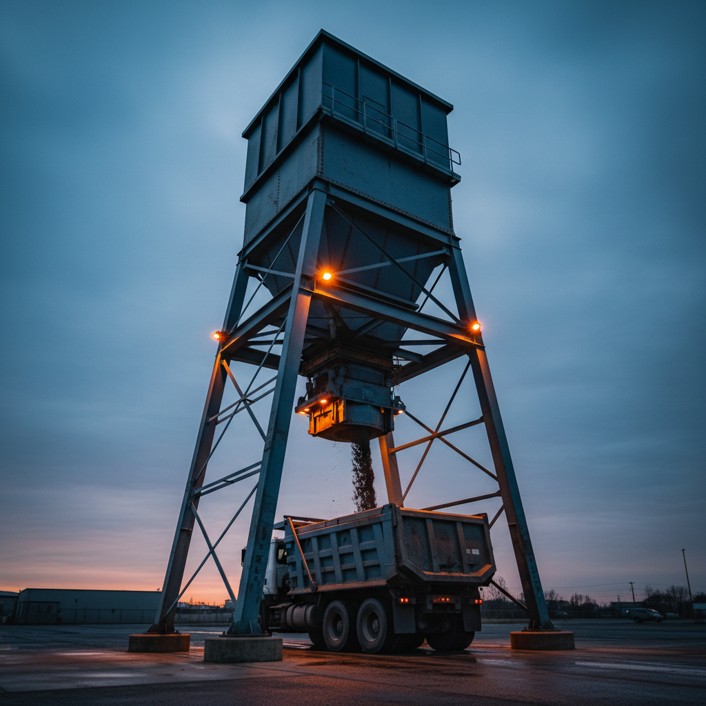 Elevated steel surge bin on structural legs discharging into a truck below