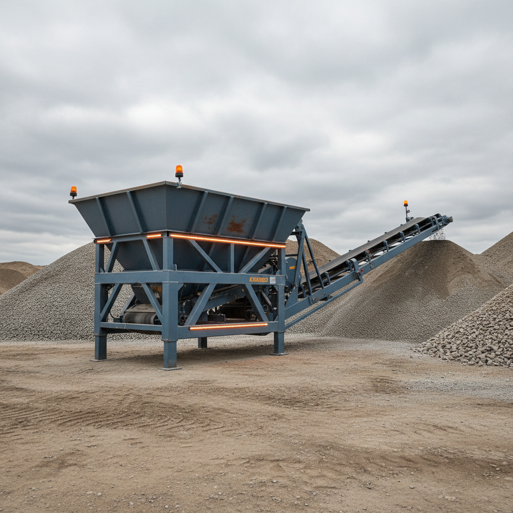Portable wheeled surge bin with integrated conveyor at an aggregate operation