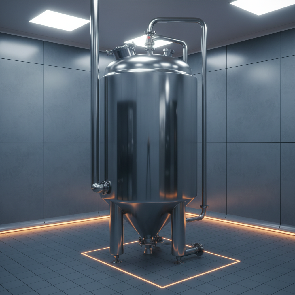 Polished stainless steel sanitary surge bin in a food processing plant